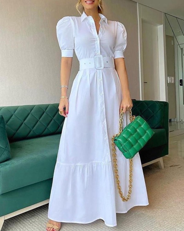 Summer High Waist Chic Solid Midi Dress Slim Fit Dress with Belt