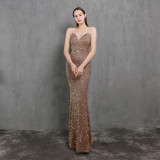 Women Heavy Crafts Colorful Sequins Long Party Evening Dress