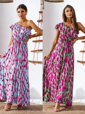 Women's Summer Slim Waist Off Shoulder Print Long Dress