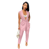 Women's Casual Solid Color Slit Suit Sleeveless Two Piece Pants Set (with Belt)