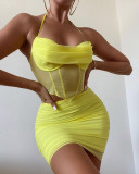 Women Mesh Halterneck Backless Top And Skirt Two-Piece Set