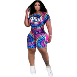 Casual Loose Letter Positioning Print Short Sleeve Two Piece Shorts Set