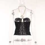 Knitted Jacquard Chain Halter Neck Top Women Summer