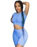 Women Pleated Crop Top And Shorts Sexy Solid Two Piece Set