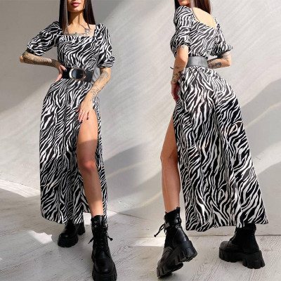 Women Summer Sexy Slit Zebra Print Dress