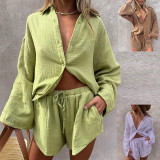 Summer Women Casual Loose Long Sleeve Shirt + Shorts Two Piece Set