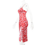 Spring/Summer Chic Print Sling Dress Low Back Slit Mid Waist Slim Dress