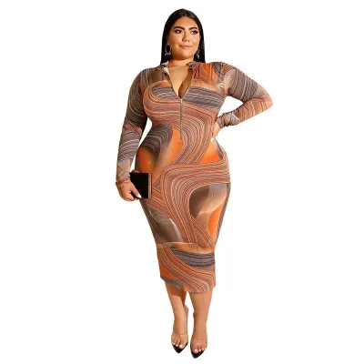 Plus Size Women Print Zipper Front And Back Two-Side Dressed Wear Bodycon Dress