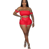 Women's Solid Color Off Shoulder Ribbed Crop Two-Piece Shorts Set with Belt