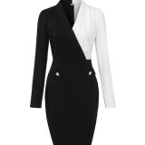 V-Neck Dress Long Sleeve Contrast Career Slim Black & White Patchwork Suit Bodycon