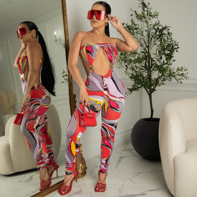 Spring Summer Printed Chest Wrap Low Back Button Sexy Slim Jumpsuit