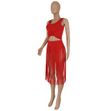 Women Fashion Solid Top And Fringed Pant Two-Piece Set