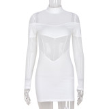 spring and summer women's mesh See-Through pullover sexy long-sleeved stand collar skirt
