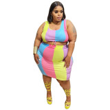 Plus Size Women's Sleeveless Multi-Color Print Trend Chic Plus Size Two Piece Skirt Set