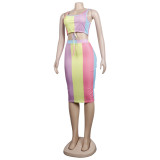 Sexy Fashion Color Print Sleeveless Two Piece Nightclub Skirt Set