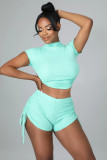 Women Solid Backless Top And Shorts Pleated Two Piece