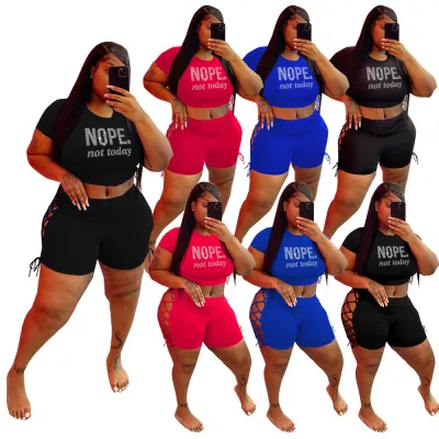 Plus Size Women's Casual Beaded Sports Lace-Up Two Piece Shorts Set