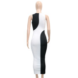 Women's Cutout Sexy Sling Black and White Contrast Print Chic Dress
