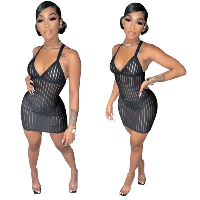 Women's Sexy Slim Mesh See-Through Dress Summer Skirt Strap Dress Women