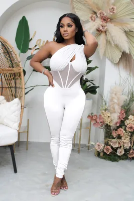 2022 Summer Solid Color One Shoulder Sleeveless Fashion Mesh Patchwork Jumpsuit