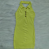 Solid Sleeveless Button Stand Collar Bodycon