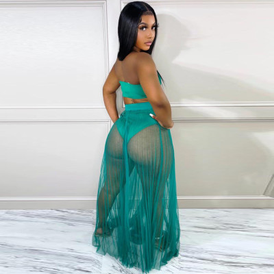 Women's summer sexy tube top solid color mesh see-through skirt suit nightclub two piece set