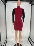 Womens Sexy Patchwork Contrast Bodycon Dress Long Sleeve