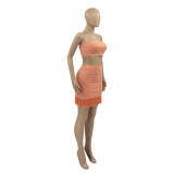 Women's Fashion Fringe Strapless + Short Skirt Solid Color Two-piece Set