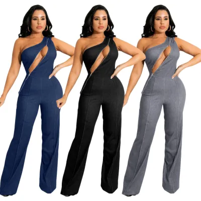 Women Fashion Casual Street Zip Jumpsuit
