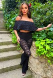 Women's Off Shoulder Ruffled Open Waist Lace Flared Pants Set