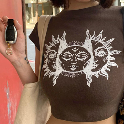 Summer Women Sun Print Short Sleeves Crop Top