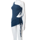 Women's Summer Solid Color One Shoulder Vest Drawstring Irregular Short Skirt Suit Women
