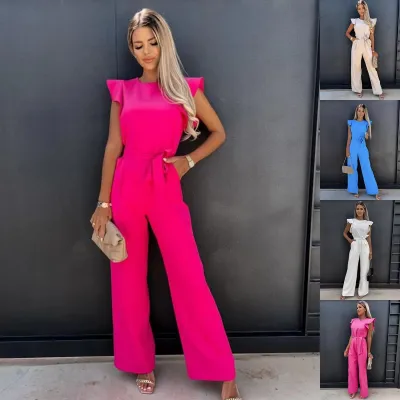 Women's Solid Color High Waist Career Wide Leg Jumpsuit with Belt