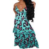 Summer Women's Sexy Sling Leopard Print Dress Long Skirt