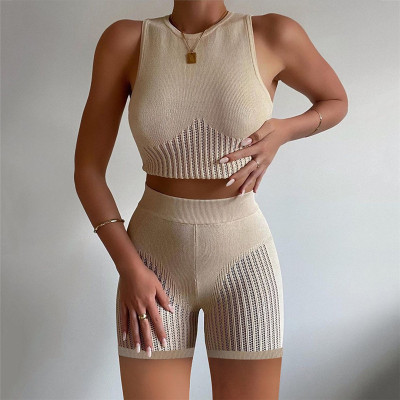Summer Women Sexy See-Through Sleeveless Vest+Shorts Two-Piece