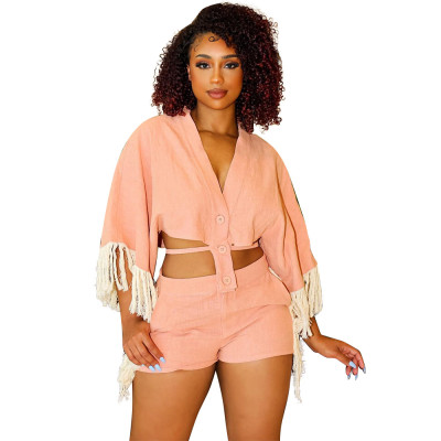 Sexy Women's Solid Color Cute Sports Tassel Two-Piece Shorts Set