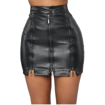 High Waist Bodycon Nightclub pu Leather Zip Patchwork Lace-Up Black Leather Skirt Short Skirt