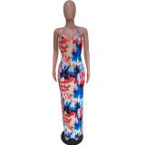 Women's Tie Dye Print Sling Low Back Slit Dress