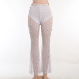 Women Summer Metal Chain Lace See-Through Bell Bottom Pant