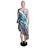 Women's One Shoulder Flare Sleeve Print Irregular Long Dress