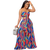 Women's Spring/Summer Colorful Print trapless Tube Top Wide Leg Pants Two Piece Set