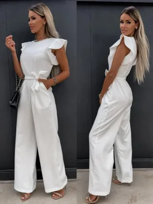 Women's Solid Color High Waist Career Wide Leg Jumpsuit with Belt