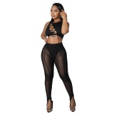 Women Sexy Sleeveless Hollow Out See Through Top And Pant Two Piece Set