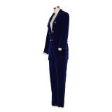 Spring Women Solid Long Sleeve Blazer + Pant Two-Piece Set