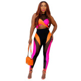 See-Through Women's Color Contrast Patchwork Mesh Sleeveless Pant Set Sexy Casual Activewear