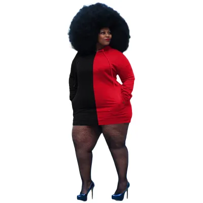 plus size stylish casual patchwork hooded sweatshirt dress
