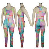 Women's Tie Dye Print Tank Top Stacked Trousers Tracksuit Two Piece