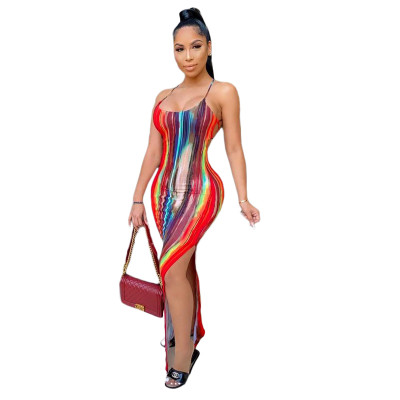 Women's Tie Dye Print Sling Low Back Slit Dress