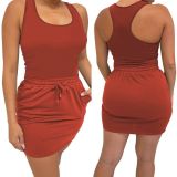 Sexy Solid Color Tank Top Drawstring Skirt Casual two Piece Set