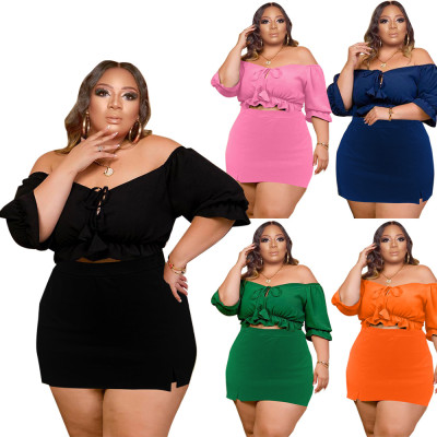 Summer Plus Size women's solid color sexy Off Shoulder culottes spinning cotton two-piece set